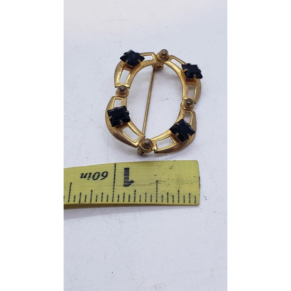 Vintage 10k Gold Plate Brooch Pin Art Deco Oval Openwork Black Rhinestone - Picture 7 of 16